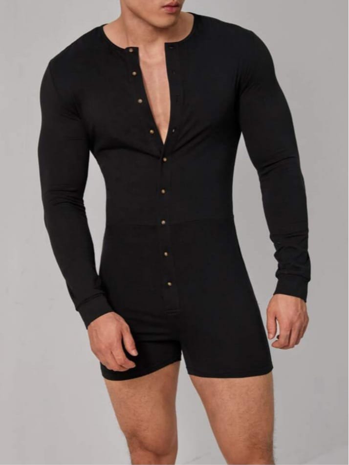 Men's Solid Button Front Sleep Romper